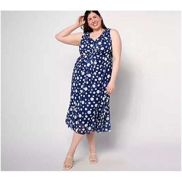 Isaac Mizrahi Live! Always Twist Front Mesh Midi Dress Navy Dot TALL 1X A638411 - Picture 1 of 1